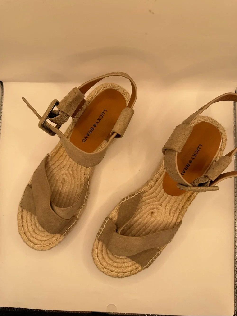 Lucky Brand Audrinah Espadrille Wedge Sandals Taupe Suede Leather Women’s 9.5